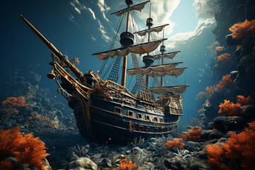 Aufkleber - An artistically rendered image of a shipwreck, combining elements of realism and surrealism to convey a sense of nostalgia and intrigue.  Generative AI technology.