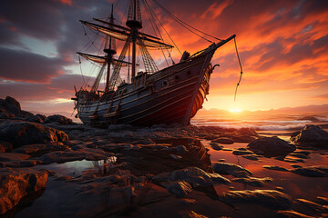 Aufkleber - A dramatic sunset photograph of a shipwreck silhouetted against the orange and purple hues of the sky,  Generative AI technology.