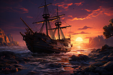 Aufkleber - A dramatic sunset photograph of a shipwreck silhouetted against the orange and purple hues of the sky,  Generative AI technology.