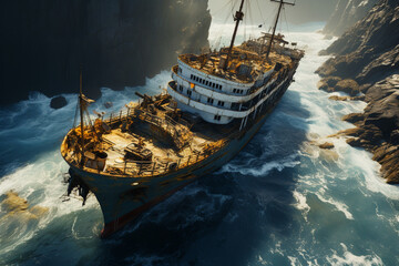 Aufkleber - shipwreck emerging from a misty ocean, surrounded by rocky cliffs and foaming waves, adding an element of drama and mystique. Generative AI technology.