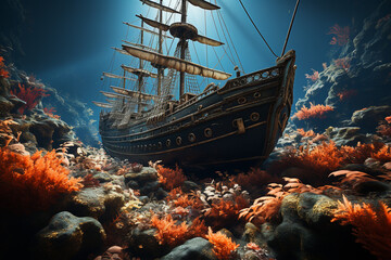 Aufkleber - A shipwreck being reclaimed by nature, with vibrant coral reefs and sea plants adorning its structure,  Generative AI technology.