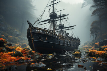 Aufkleber - A shipwreck emerging from a misty, foggy backdrop, conveying a sense of isolation and mystery surrounding its history and fate.  Generative AI technology.