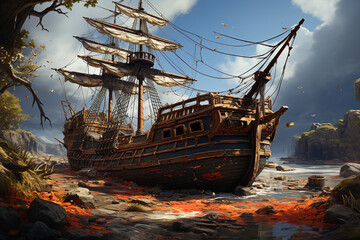 Aufkleber - A timeworn shipwreck with tattered sails and broken masts, symbolizing the passage of time and the transient nature of human endeavors.  Generative AI technology.