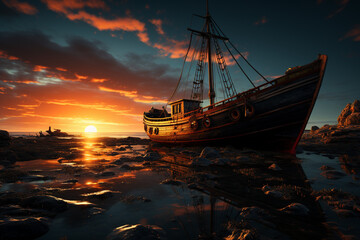 Aufkleber - shipwreck at night, with star trails streaking across the sky, emphasizing the stillness and timeless quality of the scene.  Generative AI technology.