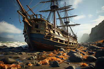 Aufkleber - A shipwreck photographed from a low angle, accentuating its grandeur and scale against the backdrop of an expansive ocean. Generative AI technology.