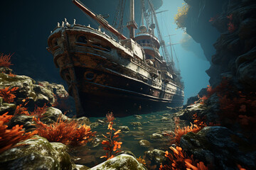 Aufkleber - A shipwreck adorned with colorful marine growth and surrounded by a vibrant array of fish,  Generative AI technology.