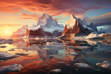 Fototapete - A towering iceberg, glistening under the golden rays of the sun, as it majestically floats in the pristine Arctic waters.  Generative AI technology.