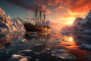 Aufkleber - An iceberg at sunset, illuminated by warm, golden light, creating a serene and peaceful ambiance that contrasts with its icy surroundings.  Generative AI technology.