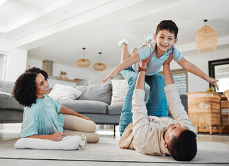 Poster - Play, mother or father with a boy on floor relaxing as a happy family bonding in Australia with love or care. Portrait, airplane or parents smile with kid enjoying quality time on a fun holiday