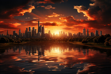 Poster - A dramatic sunrise over a city skyline, with the sun rising above the buildings and casting long shadows,  Generative AI technology.