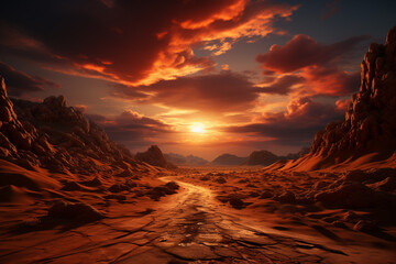 Poster - A stunning sunrise over a desert landscape, with the sun's rays illuminating the sand dunes and casting dramatic shadows. Generative AI technology.