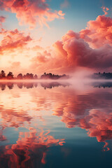 Poster - A dreamy and ethereal sunrise over a mist-covered lake, with the sun's rays casting a soft and gentle glow on the water's surface. Generative AI technology.