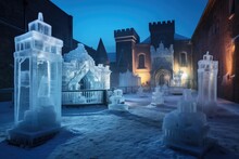 Ice Sculptures Adorning Moonlit Castle Courtyard