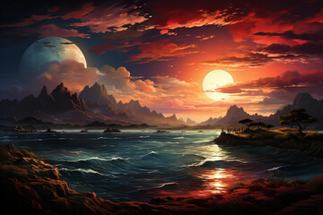 Poster - A dramatic and fiery sunrise over a mountain range, with the sun's rays piercing through the gaps between peaks, creating a sense of awe and grandeur.  Generative AI technology.