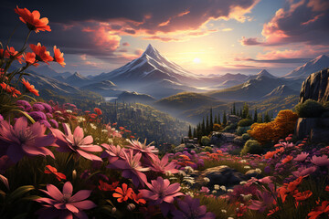 Fototapete - A tranquil and serene sunrise over a peaceful countryside, with the sun's rays casting a warm and gentle light on a field of blooming flowers.  Generative AI technology.