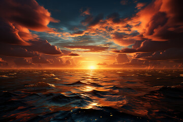 Poster - A panoramic view of a sunrise over a vast and expansive horizon, with the sun emerging from the darkness, signaling the start of a new day.  Generative AI technology.