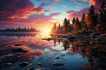 Poster - A tranquil and reflective sunrise over a calm lake, with the colors of the sky mirrored on the water's surface, Generative AI technology.
