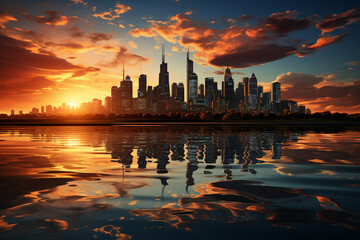 Aufkleber - A captivating and colorful sunrise over a city skyline, with the sun casting a golden glow on the buildings, Generative AI technology.
