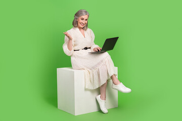 Sticker - Full length photo of beautiful grandma sit cube platform netbook working dressed stylish white garment isolated on green color background