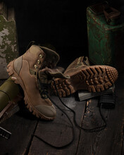 Modern Practical Military Shoes With Military Accessories. Poster For Advertising