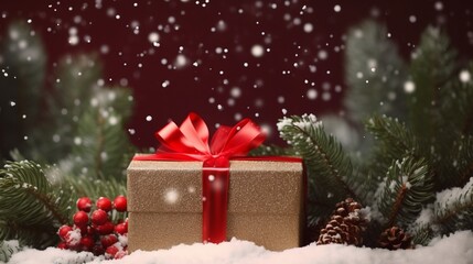 Wall Mural - Red gift box with gold ribbon is under the Christmas tree. Bokeh, glowing light