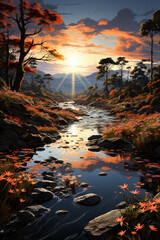 Poster - A tranquil river morning, with calm waters reflecting the vibrant colors of the sunrise and a sense of serenity all around.  Generative AI technology.