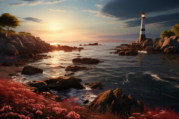 Aufkleber - A serene coastal morning, with a lighthouse standing tall and the first rays of sunlight painting the sky with warm hues.  Generative AI technology.