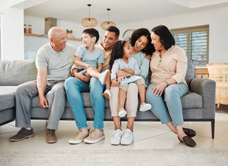 Sticker - Relax, laugh and generations of family on sofa together, support and love in new home or apartment. Men, women and children on couch, happy smile with grandparents, parents and kids in living room.