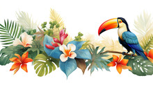 Toucan In The Jungle On A Branch Among Flowers On A White Background. Colorful Illustration. Generative Ai. 
