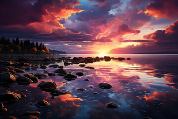 Aufkleber - A breathtaking sunset over a calm lake, with vibrant hues of orange, pink, and purple reflecting on the water. Generative AI technology.