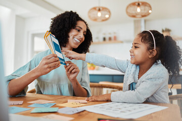 Wall Mural - Homework, education and mother with girl with cards for learning, child development and studying. Family, school and happy mom with kid at table with paper for creative lesson, growth and knowledge