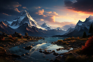Fototapete - A tranquil mountain evening, with the fading light casting a soft glow on the rugged peaks and valleys.  Generative AI technology.