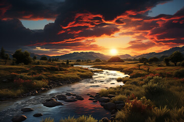 Aufkleber - A picturesque countryside sunset, with a colorful sky and a peacefulness that settles over the idyllic landscape.  Generative AI technology.