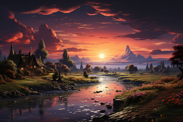 Poster - A picturesque countryside sunset, with a colorful sky and a peacefulness that settles over the idyllic landscape.  Generative AI technology.