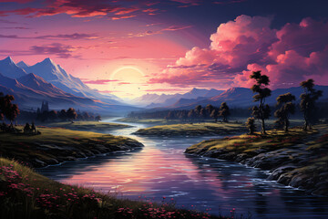 Poster - A serene river at twilight, with a gentle flow and the sky painted in soft pastel colors.  Generative AI technology.