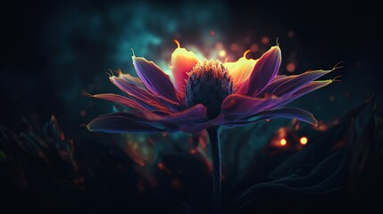 Wall Mural - Fabulous magical glowing flower in the night forest close-up