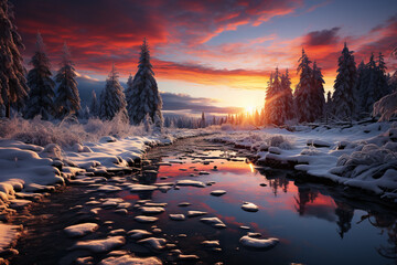 Aufkleber - A picturesque sunrise over a snowy landscape, with the sun's warm hues contrasting against the pristine white snow, Generative AI technology.