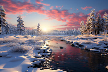 Poster - A picturesque sunrise over a snowy landscape, with the sun's warm hues contrasting against the pristine white snow, Generative AI technology.