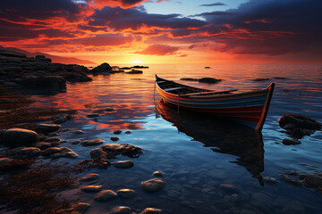 Poster - A tranquil coastal evening, with a lone boat floating on the calm sea and the sky adorned with a colorful sunset.  Generative AI technology.