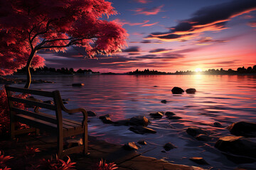 Fototapete - A calm seaside sunset, with vibrant colors reflecting on the water's surface and a sense of tranquility in the air.  Generative AI technology.