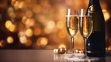 Opening Champagne Bottle Closeup Golden Bokeh Glitter Background