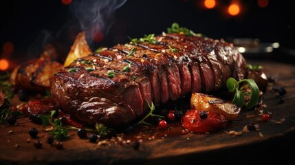 Grilled steak with melted barbeque sauce on a black and blurry background