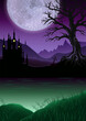 Scary halloween poster background with copy space. Foggy landscape with mountains, old castle, house, tree, big moon, grave cross, green glowing swamp. Otherworldly, mystical illustration.
