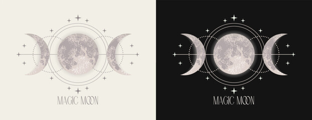 Label with moon, crescent, stars, triple moon sign. Wicca moon goddess symbol. Astrology, alchemy, boho, magic symbol. Mystery concept. Monochrome detailed illustration.