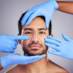 Sticker - Plastic surgery, hands and drawing with portrait of man and surgeon for needle and syringe placement. Skincare, face and dermatology of a male person with medical procedure and collagen in studio