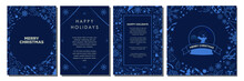 Navy Christmas Template Designs. Beautiful Monochromatic Christmas Backgrounds With Teal Blue Christmas Element Pattern Ornaments. Greeting Card And Poster Templates.  Editable Vector Illustration.