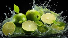 Fresh Green Limes Splashed With Water On Black And Blurred Background