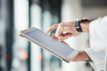 Aufkleber - Hands, doctor and tablet with mockup screen for healthcare, hospital management and telehealth app. Closeup of medical worker, digital technology and space for research, review UX data and planning