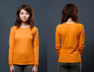 Woman wearing an orange T-shirt with long sleeves. Front and back view