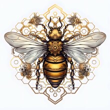 Steampunk Honey Bee, Honeycomb, Gold And White Colors